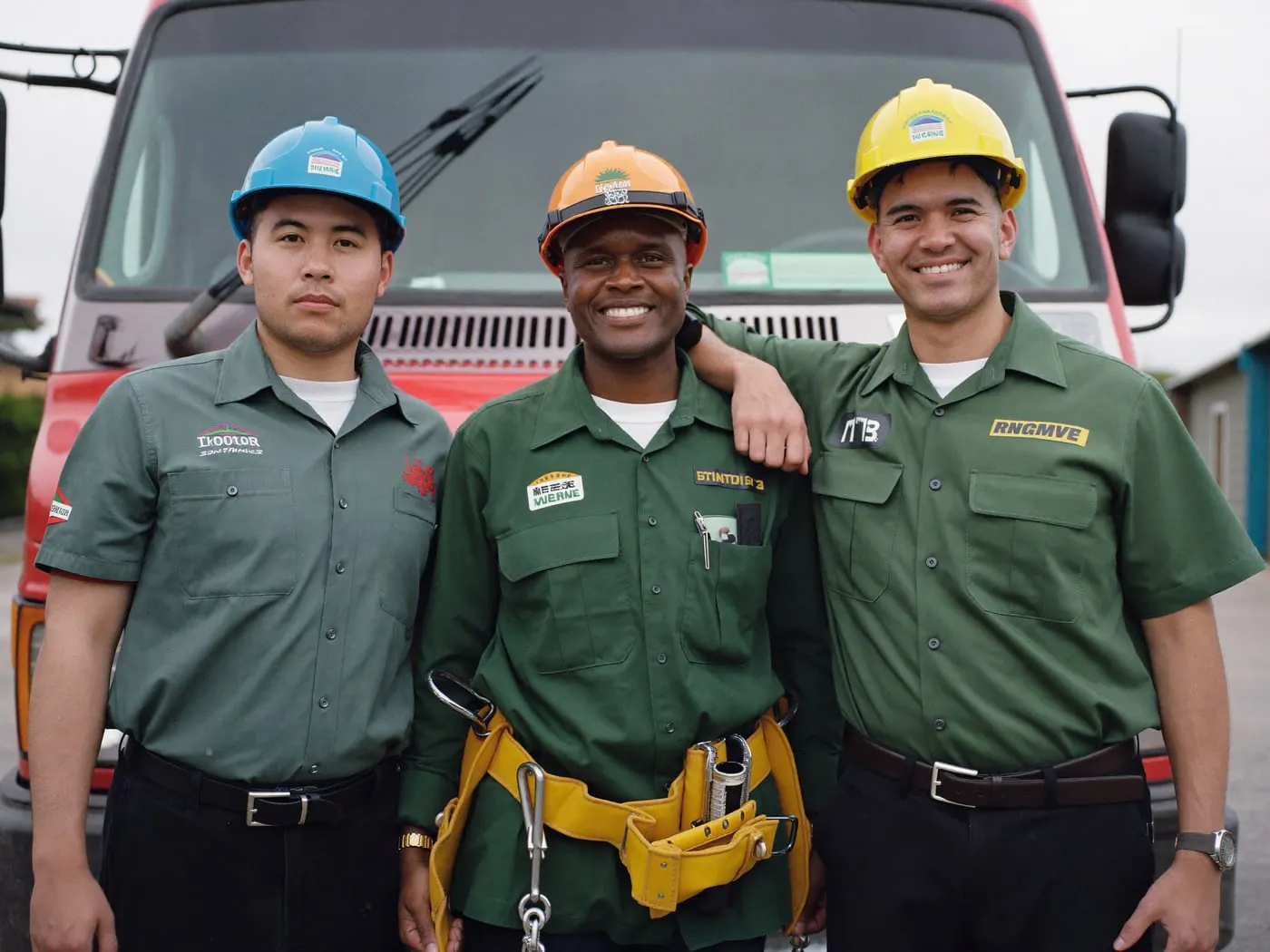 Three crew members in hard hats in front of a truck
